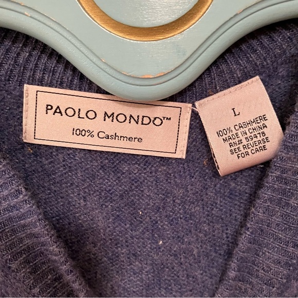 Men’s Cashmere Sweater Large Blue Heathered V Neck Classic Preppy Nautical - Picture 2 of 5